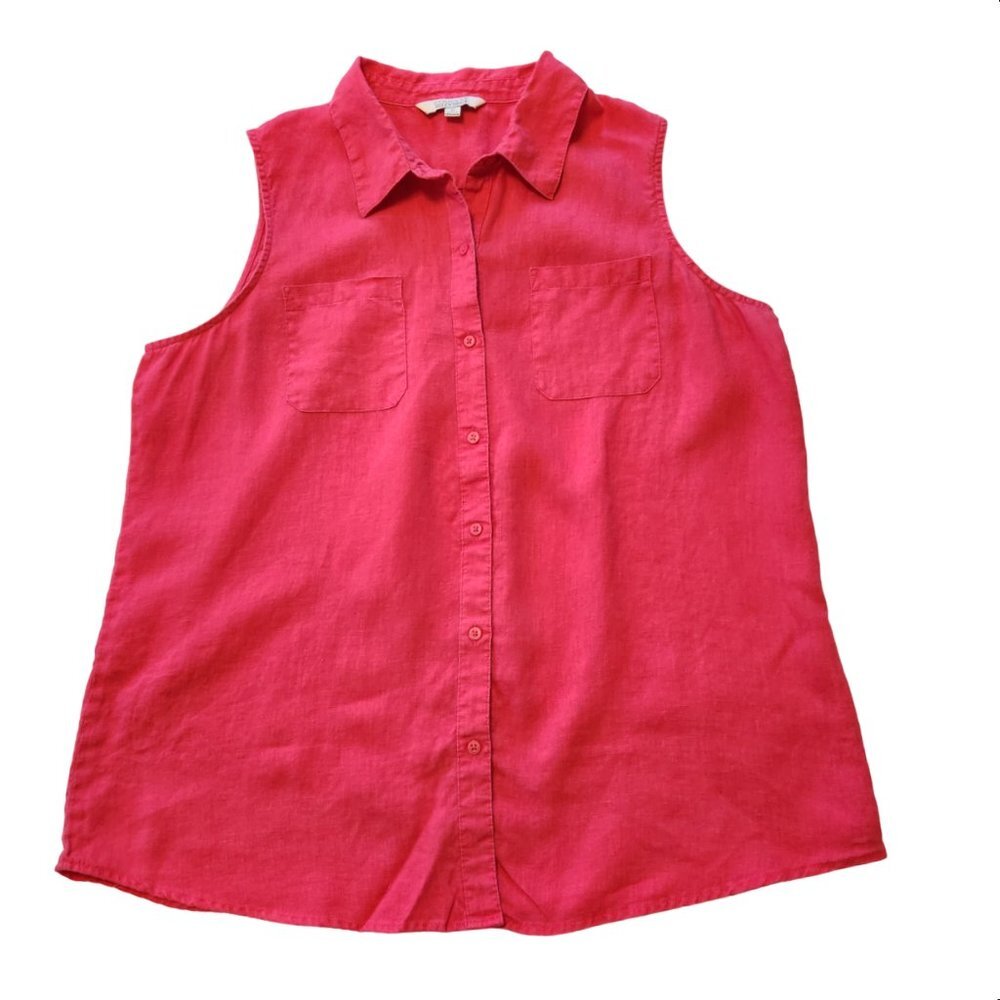 Ellen Trace Sleeveless Pink Collared Blouse 100% Linen Size XL